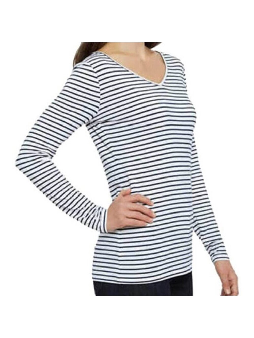 ELLEN TRACY Ladies' 2-Way Crew/V-Neck Versatile LS Tee Shirt Navy White Large